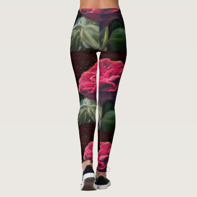 Svartkonsblommor från röd ros Flower Grönt Blommig Leggings (Baksida)