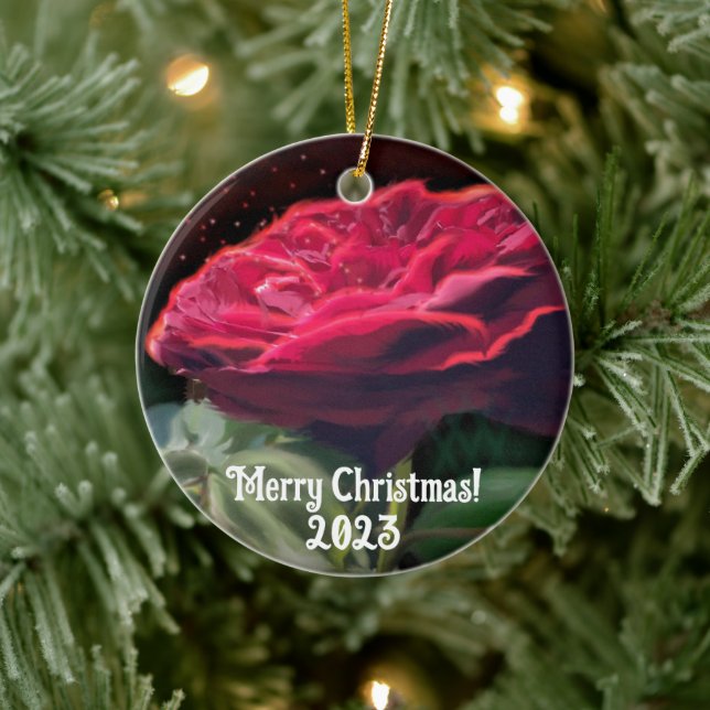 Svartkonst i Röd ros Flower Grönt Blommigt Julgransprydnad Keramik (Träd)