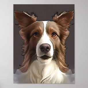 Svartkonturkonst för gräns Collie Hund Pet Porträt Poster
