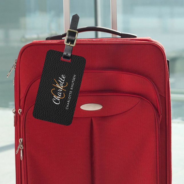 Svartläder, vitt monogram namn bagagebricka (Skapare uppladdad)