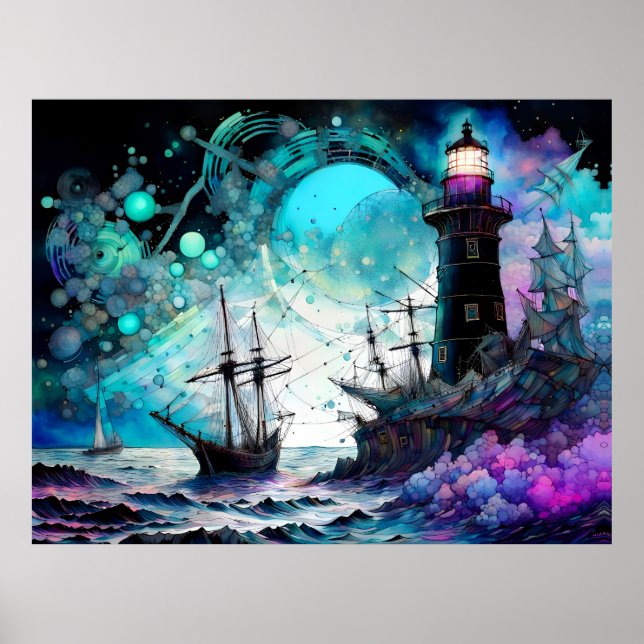 Svartljusfyr och segelbåtstormiga hav poster (Framsidan)
