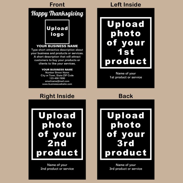 Svartmappat visitkort för Business Thanksgiving He Helgkort (Black folded holiday card for Thanksgiving with your business brand and products or services.)