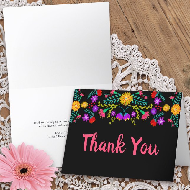 Svartmappat visitkort från Tack, mexikanska filtör Tack Kort (Thank You card for quinceanera  or other special event from my Mexican Fiesta Floral collection)