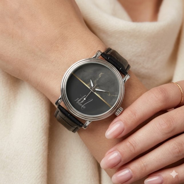 Svartmarmor guld glitter monogram armbandsur (Skapare uppladdad)