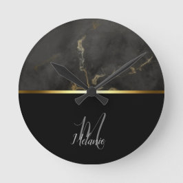 Svartmarmor guld monogram rund klocka