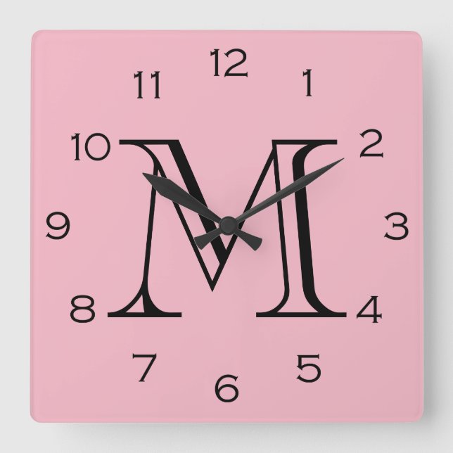Svartnummer i monogram på Rosa Fyrkantig Klocka (Framsida)