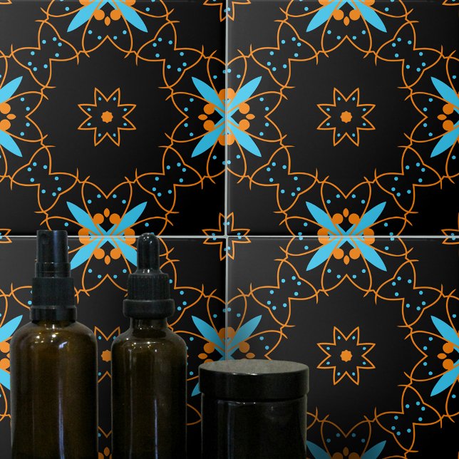SvartOrange Turquise Arabesque Mosaic Mönster Kakelplatta (Skapare uppladdad)