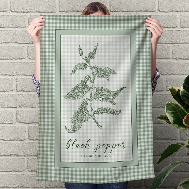 Svartpeppar ört - grön gingham-kant kökshandduk (Black Pepper Herb - Green Gingham Border Kitchen Towel)
