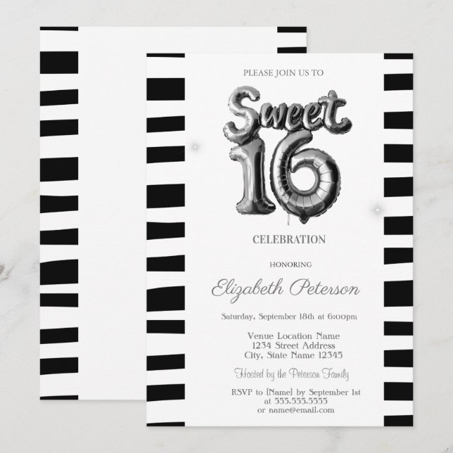 Svartrandigt silverballong Sweet 16  Inbjudningar (Fram/baksida)