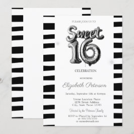 Svartrandigt silverballong Sweet 16 Inbjudningar