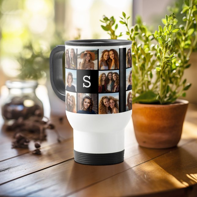 Svartryckt fotokollage med anpassad monogram resemugg (Personalized travel mug - add photos and text or customize completely)