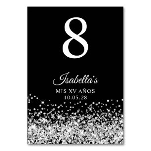 Svartsiga mis XV Anos i silver Glitter Bordsnummer