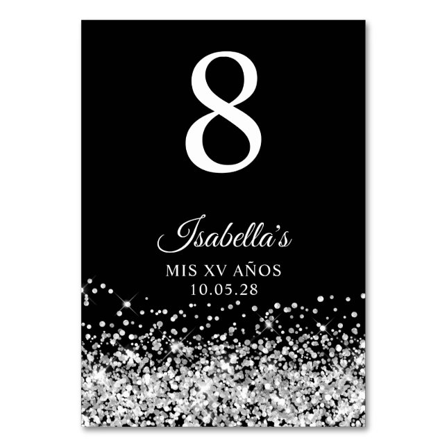 Svartsiga mis XV Anos i silver Glitter Bordsnummer (Framsidan)