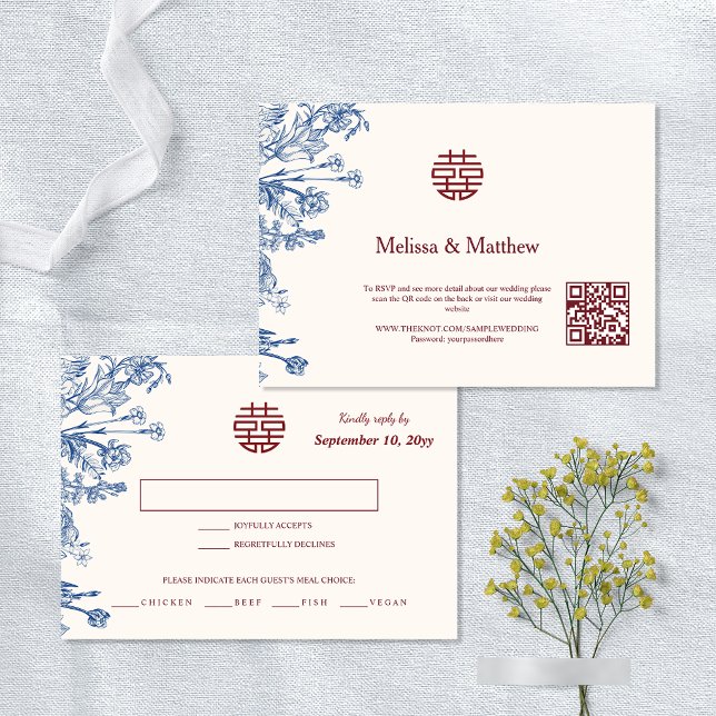 Svartsjukas Eleganta Blommiga Kinesiska Bröllops-S Spara Datumet (Magpie Elegant Floral Chinese Wedding RSVP card)