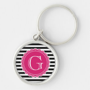 Svartstripe Mönster Shock rosa Monogram Rund Silverfärgad Nyckelring