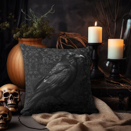 Svartsvart på Black Damask Raven Design Kudde