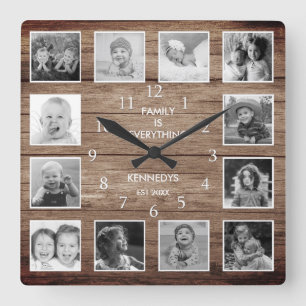 Svartvit 12-fotokollage-familjoffertträ fyrkantig klocka