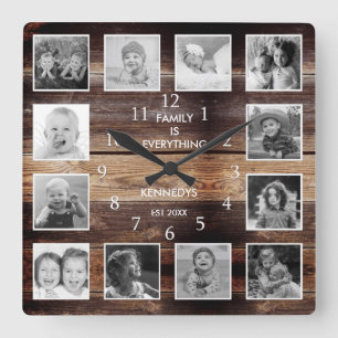 Svartvit 12-fotosamlarfamiljsoffertträ fyrkantig klocka