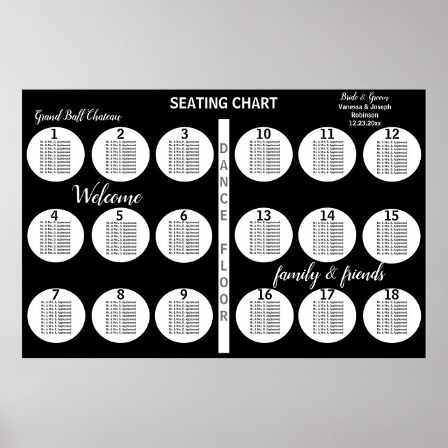 Svartvit 18 Bord till 360 Bröllop Guests Poster (Framsidan)