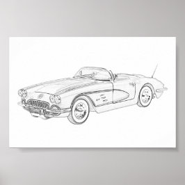 Svartvit 1958 Chevy Corvette Illustration Poster
