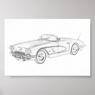 Svartvit 1958 Chevy Corvette Illustration Poster