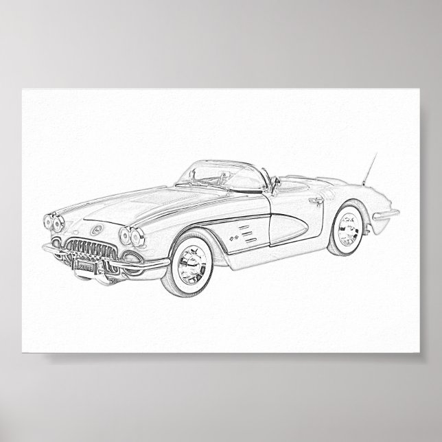 Svartvit 1958 Chevy Corvette Illustration Poster (Framsidan)