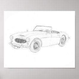 Svartvit 1960 Austin Healey Teckning Poster