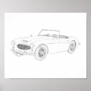 Svartvit 1960 Austin Healey Teckning Poster