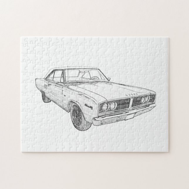 Svartvit 1966 Dodge Coronet Illustration Pussel (Horisontell)
