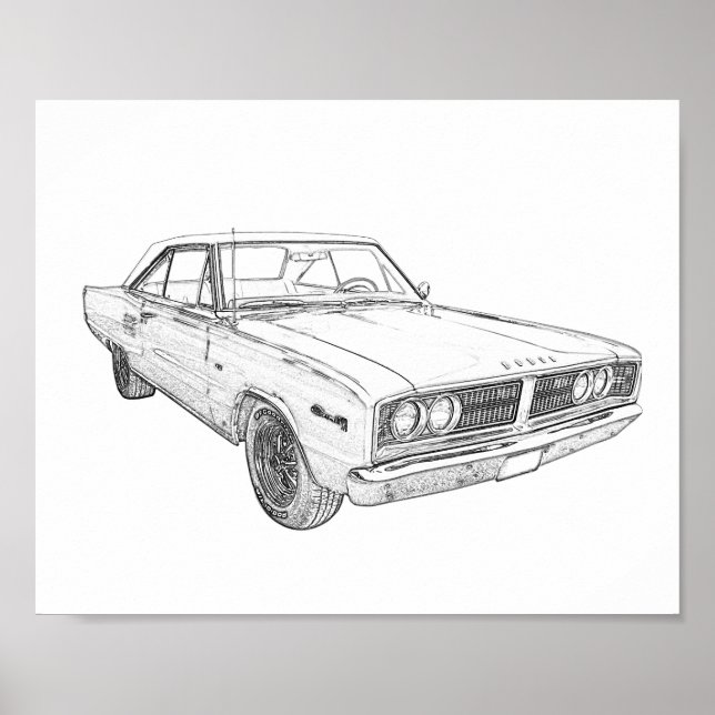 Svartvit 1966 Dodge Coronet Pencil Teckning Poster (Framsidan)