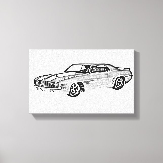 Svartvit 1969 Camaro Z28-illustration Canvastryck (Framsida)