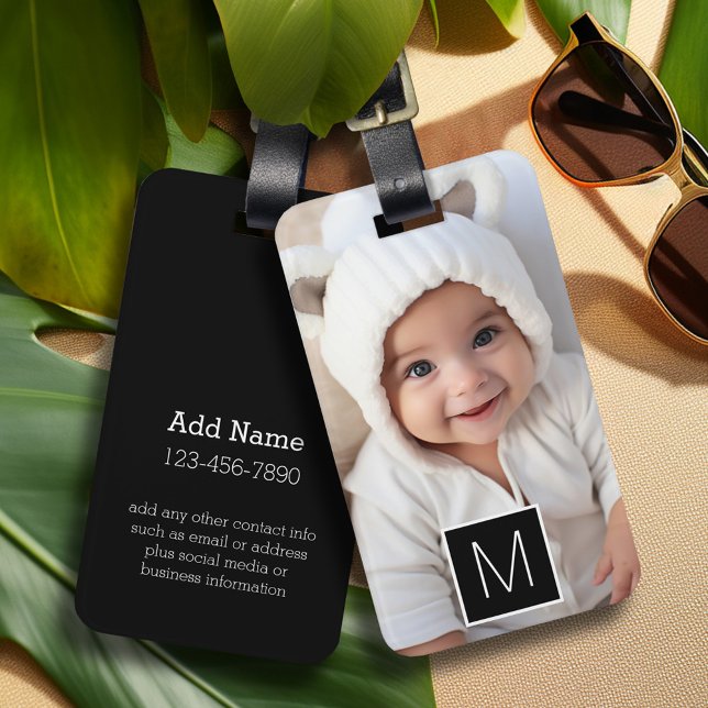 Svartvit 1-fotokollage Anpassningsbar Monogram Bagagebricka (Personalized luggage tag with 1 photo and contact information)