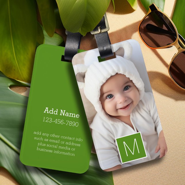 Svartvit 1-fotokollage Anpassningsbar Monogram Bagagebricka (Personalized luggage tag with 1 photo and contact information)
