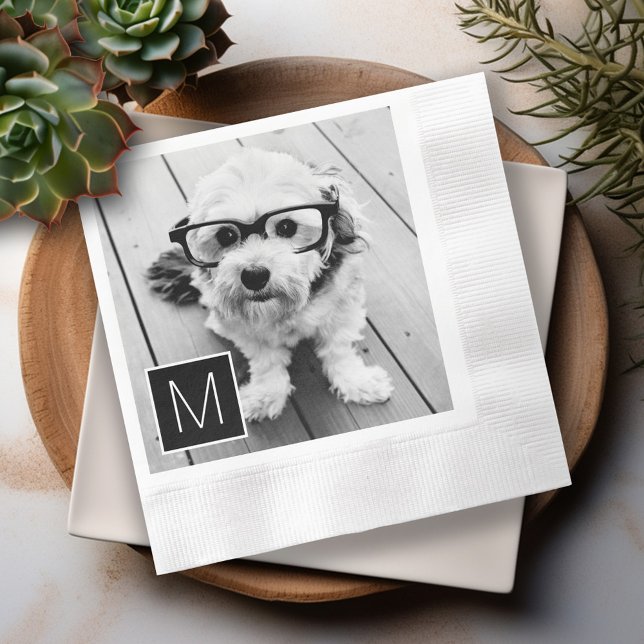 Svartvit 1 Photo Collage Anpassningsbar Monogram Pappersservett (Personalized Photo Napkins)