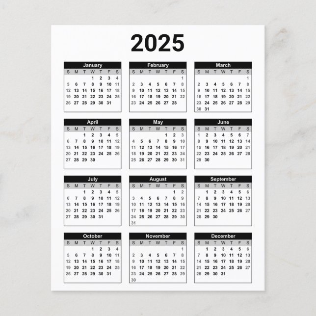 Svartvit 2025 års tid i en snabbkalender flygblad (Framsidan)