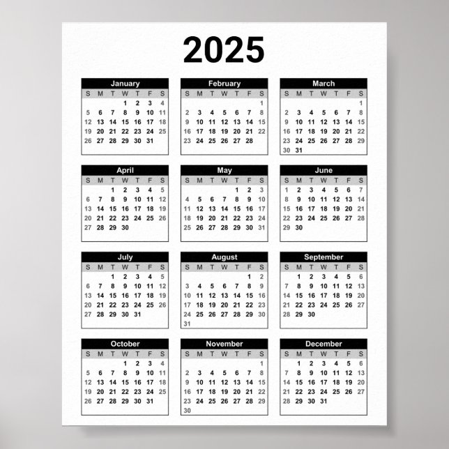 Svartvit 2025 års tid i en snabbkalender poster (Framsidan)