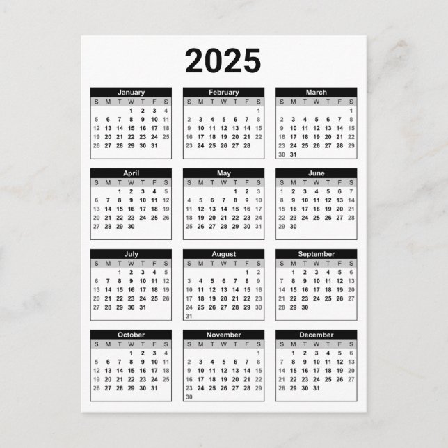 Svartvit 2025 års tid i en snabbkalender vykort (Framsida)