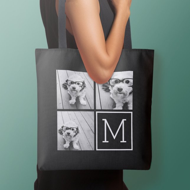Svartvit 3-fotokollage Anpassningsbar Monogram Tygkasse (Personalized tote bag - add your name or other text)