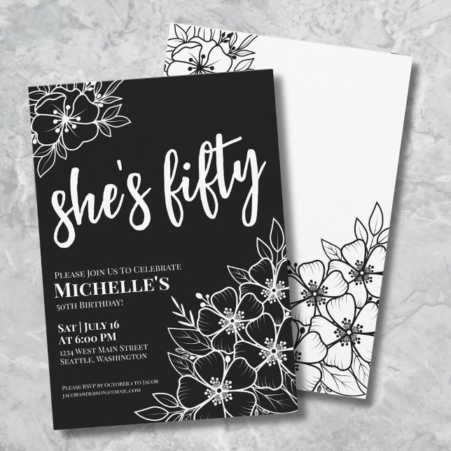 Svartvit 50:e Födelsedagsfesten Inbjudningar (Floral Fifty Black White 50th Birthday Party Invitation)