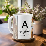 Svartvit - 5 fotokollage - Mod Monogram Kaffemugg<br><div class="desc">Anpassa den här födelsedagen till mugg med fem foton, födelsedatum och namn. En anpassningsbar födelsedag mugg är en underbar gåva till en vän eller för att bara fira "du"! Den här mallen är helt anpassade. Du kan också flytta runt sak och ändra färgen på inslag. Gör det personligt när du...</div>