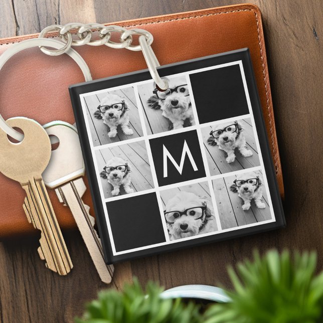 Svartvit 6 Photo Collage Anpassningsbar Monogram (Personalized keychain with photo collage and monogram)