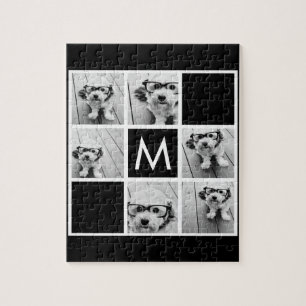 Svartvit 6 Photo Collage Anpassningsbar Monogram Pussel
