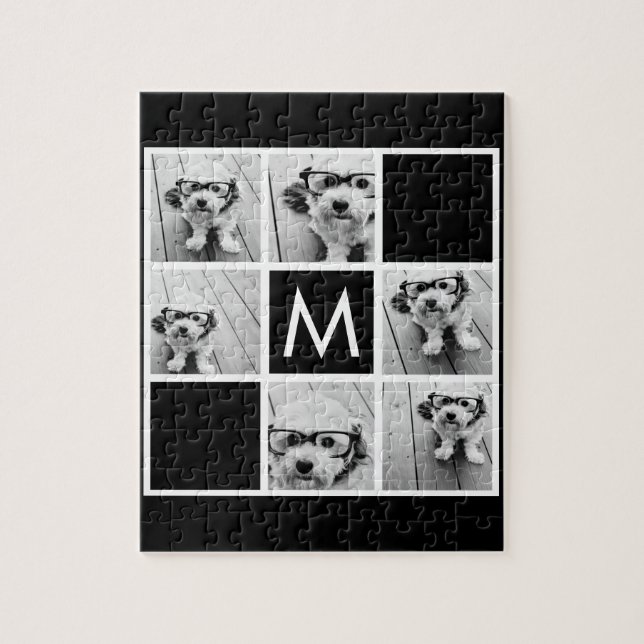 Svartvit 6 Photo Collage Anpassningsbar Monogram Pussel (Vertikal)