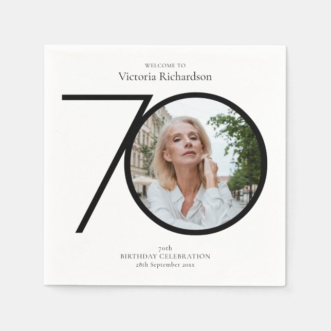 Svartvit 70:e födelsedag med minimalistisk Anpassn Pappersservett (Framsidan)