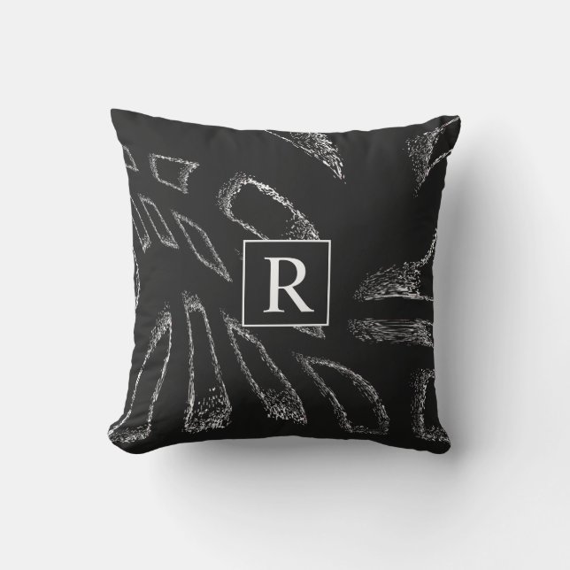 Svartvit Abstrakt Mönster Monogram Initialer Kudde (Framsida)