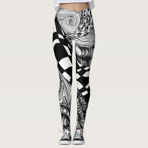 Svartvit Abstrakt- och vitlinjefärg Leggings