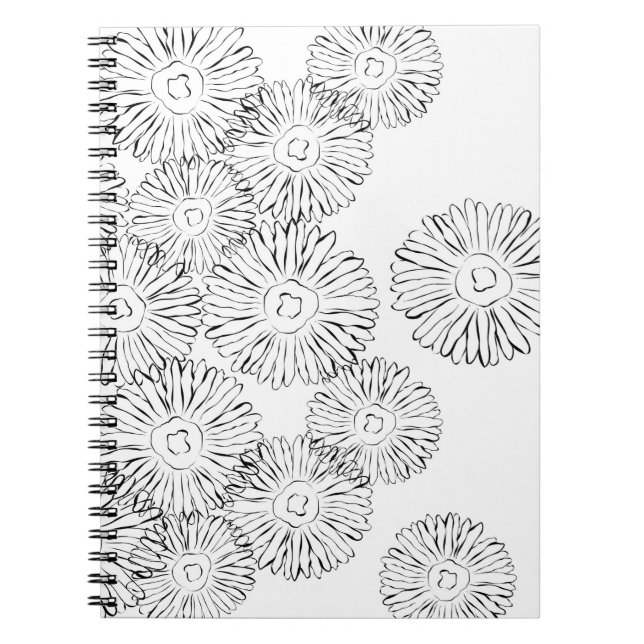 Svartvit abstrakt vår blommor anteckningsbok med spiral (Framsidan)
