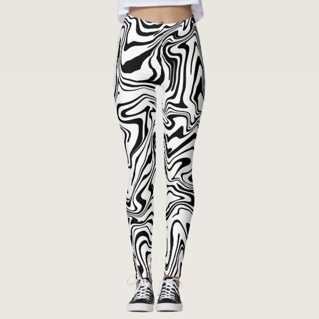 Svartvit Abstrakt Vätska Swirl Leggings (Framsida)
