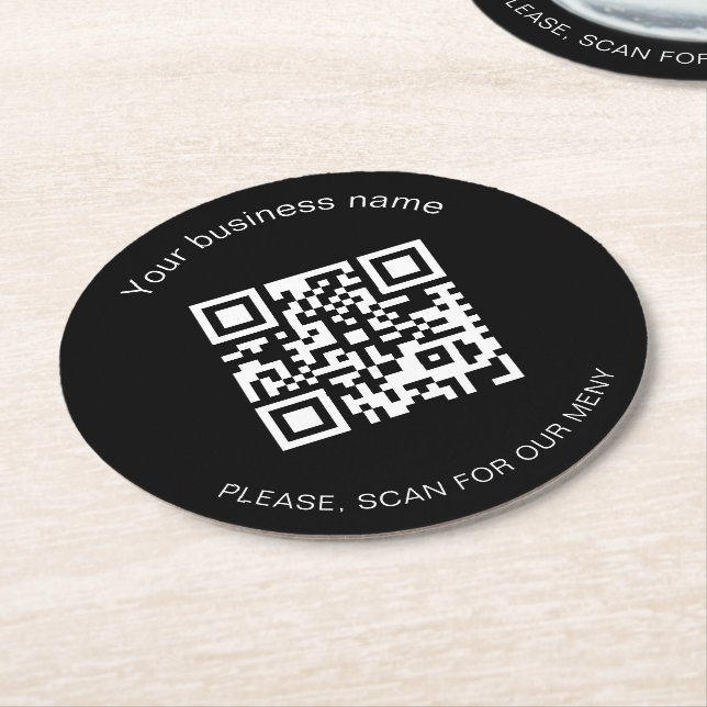Svartvit affärs-pub-restaurangmenyns qr-kod underlägg papper rund (Vinklad)