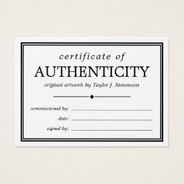 Svartvit äkthetsintyg visitkort